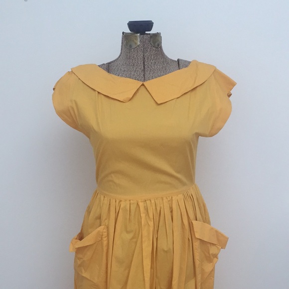 Mustard yellow collared dress w/ deep v back - Picture 2 of 8